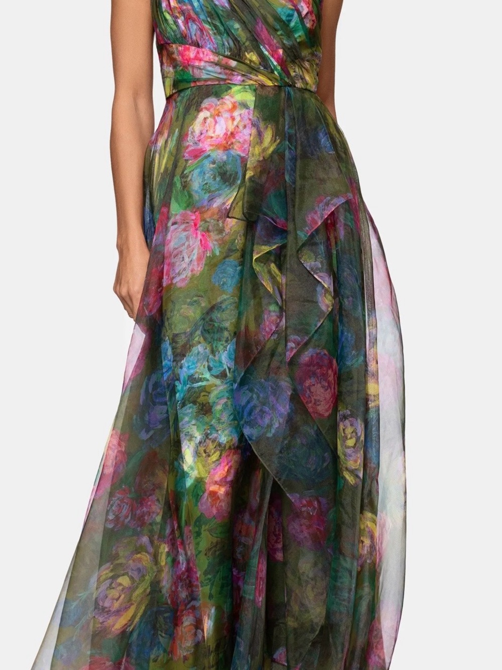 Xscape One-Shoulder Floral Maxi Dress in Green and Pink - Picture 4 of 7